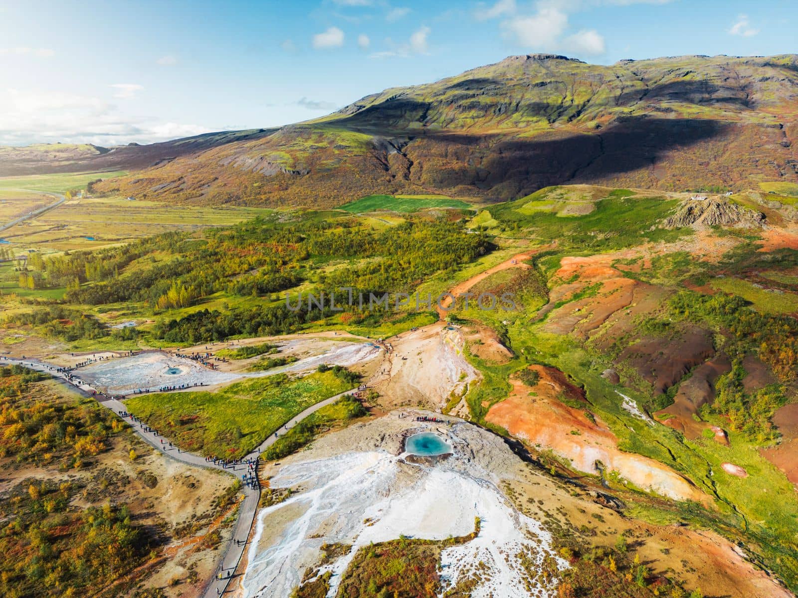 Aerial view of Strokkur geyser, Geyser Hot Springs, Great Geyser in Iceland.