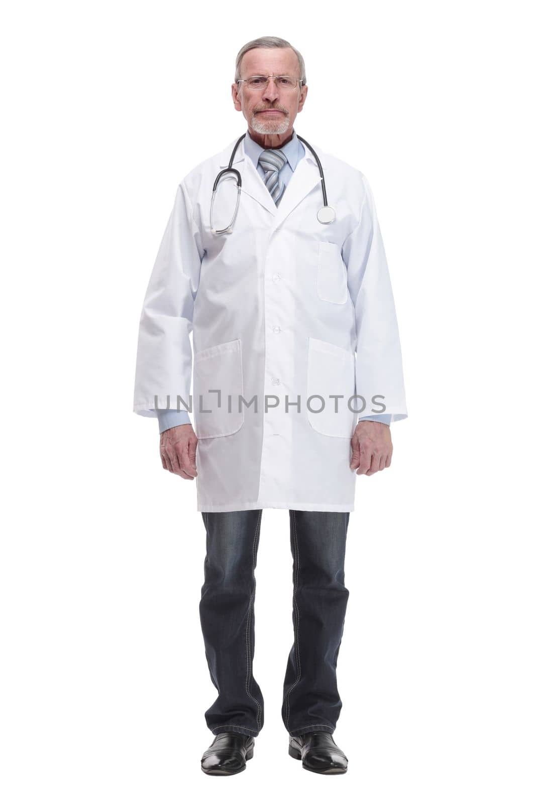 Side view of a doctor using a tablet computer - isolated over a white background