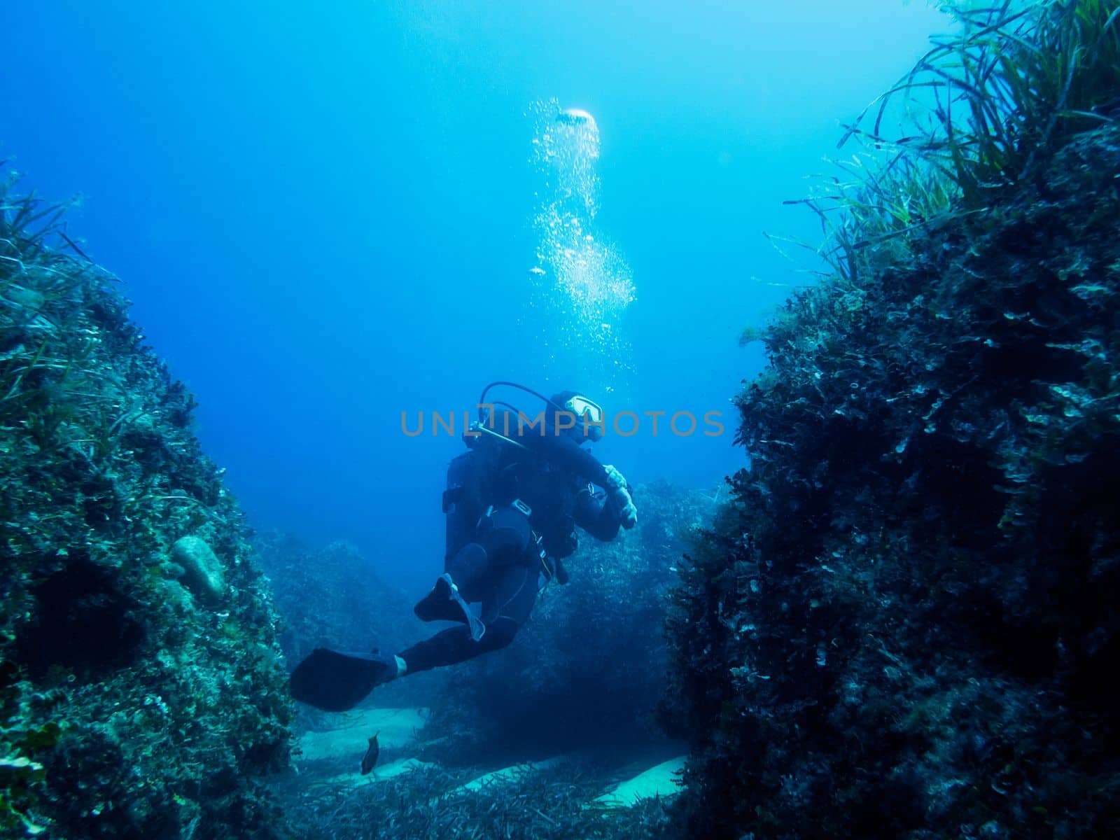 a diver passes between large stones covered with algae, the bubbles of his breathing rise to the surface of the crystalline blue and turquoise water illuminated by the sun