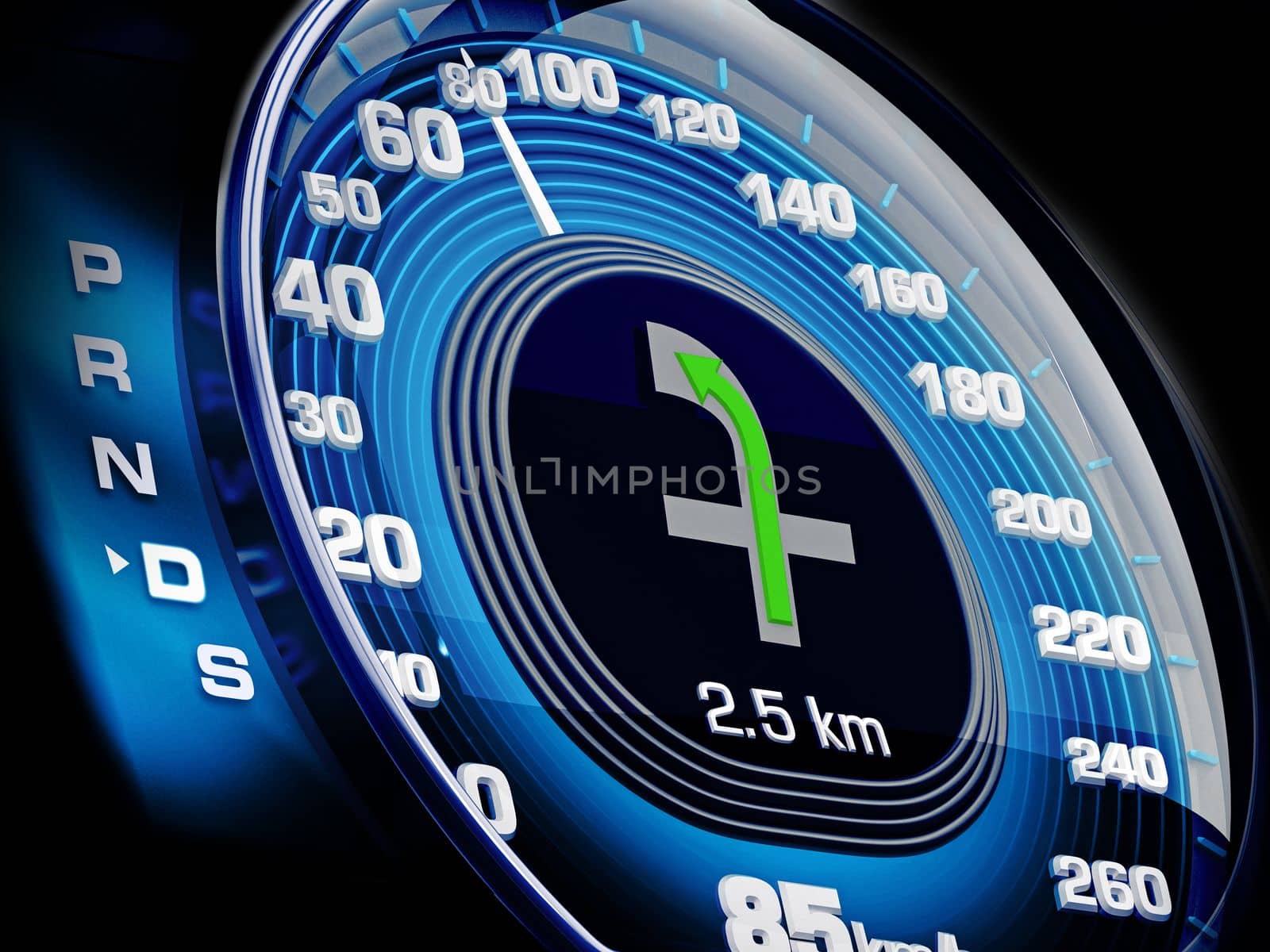 Modern speedometer of a car with navigation screen. 3D illustration by Simsek