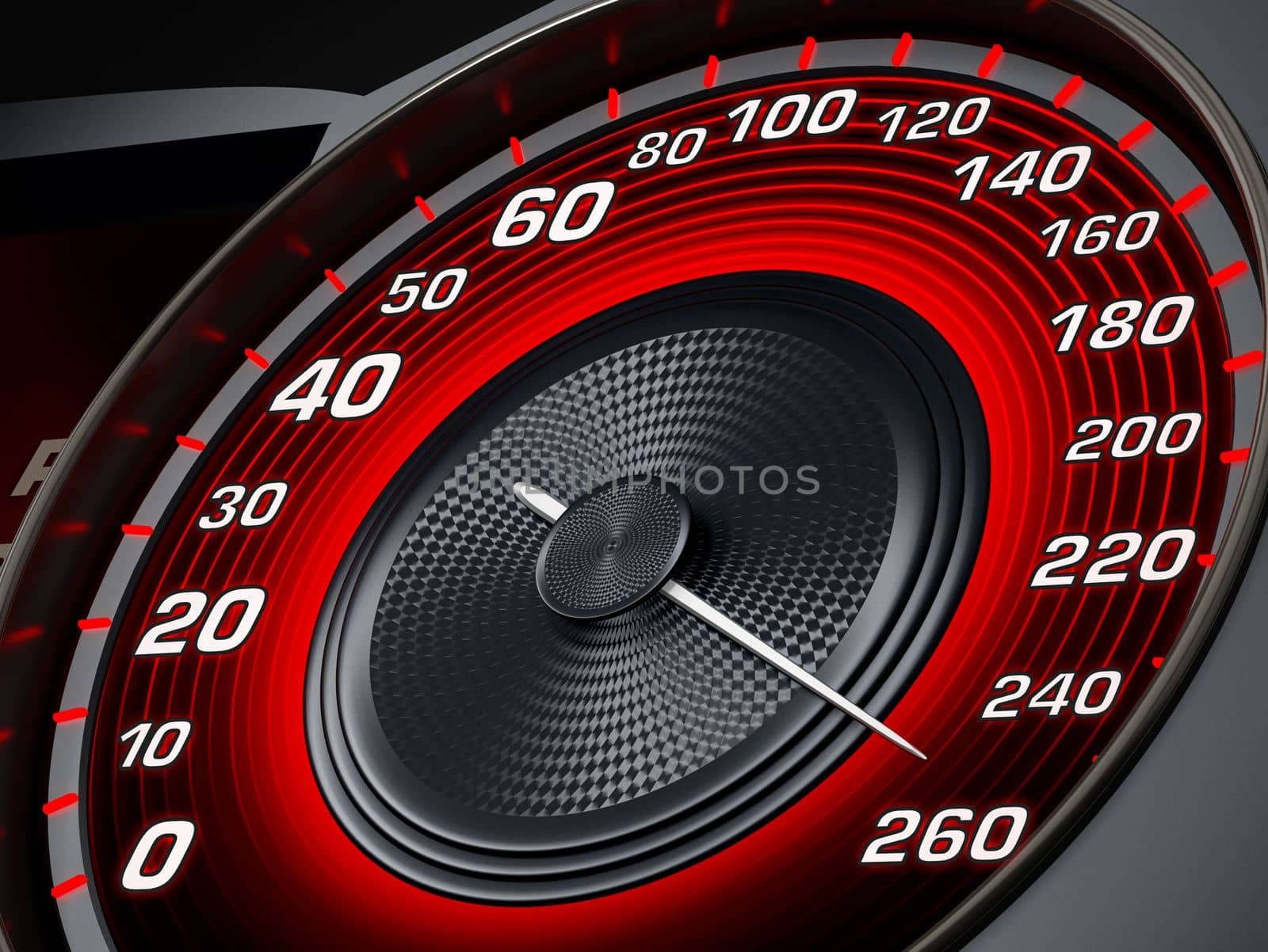 Modern speedometer pointing 250 km. 3D illustration.