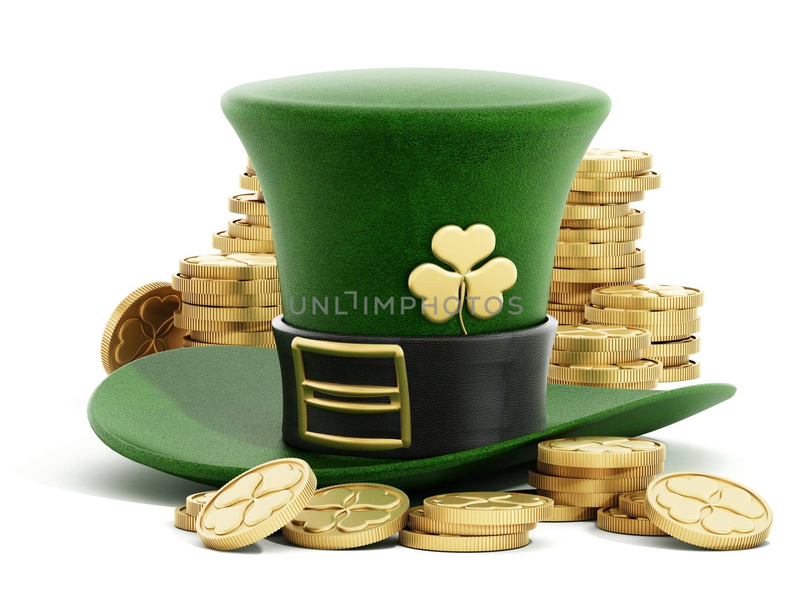 Leprechaun's green hat and gold coins isolated on white background. 3D illustration by Simsek