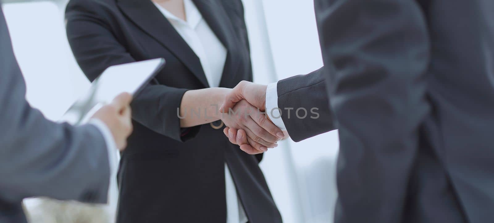 Businesswoman shaking hands with a businssman during a meeting by asdf