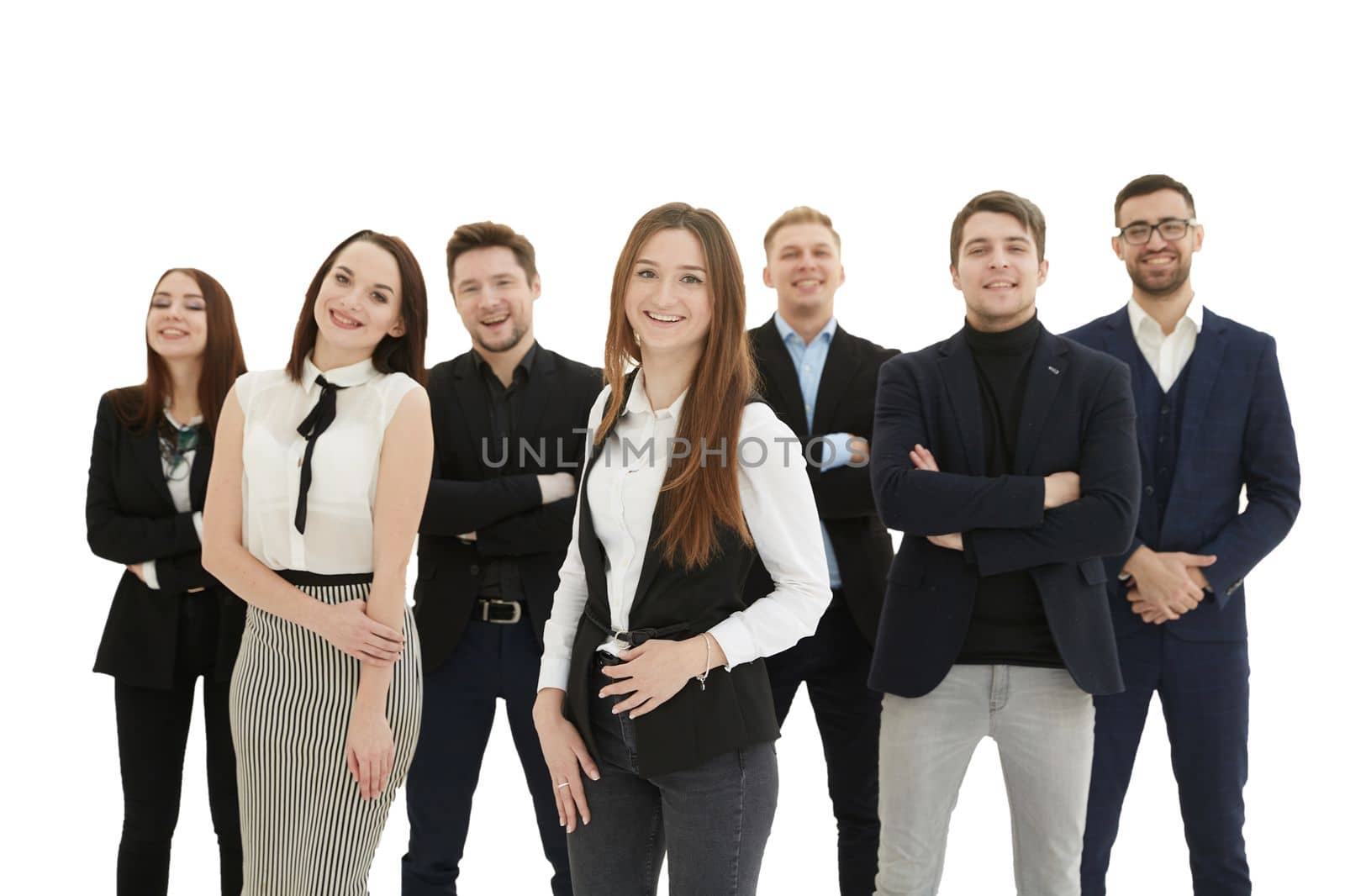 in full growth. group of diverse young people standing together. isolated on a white background.