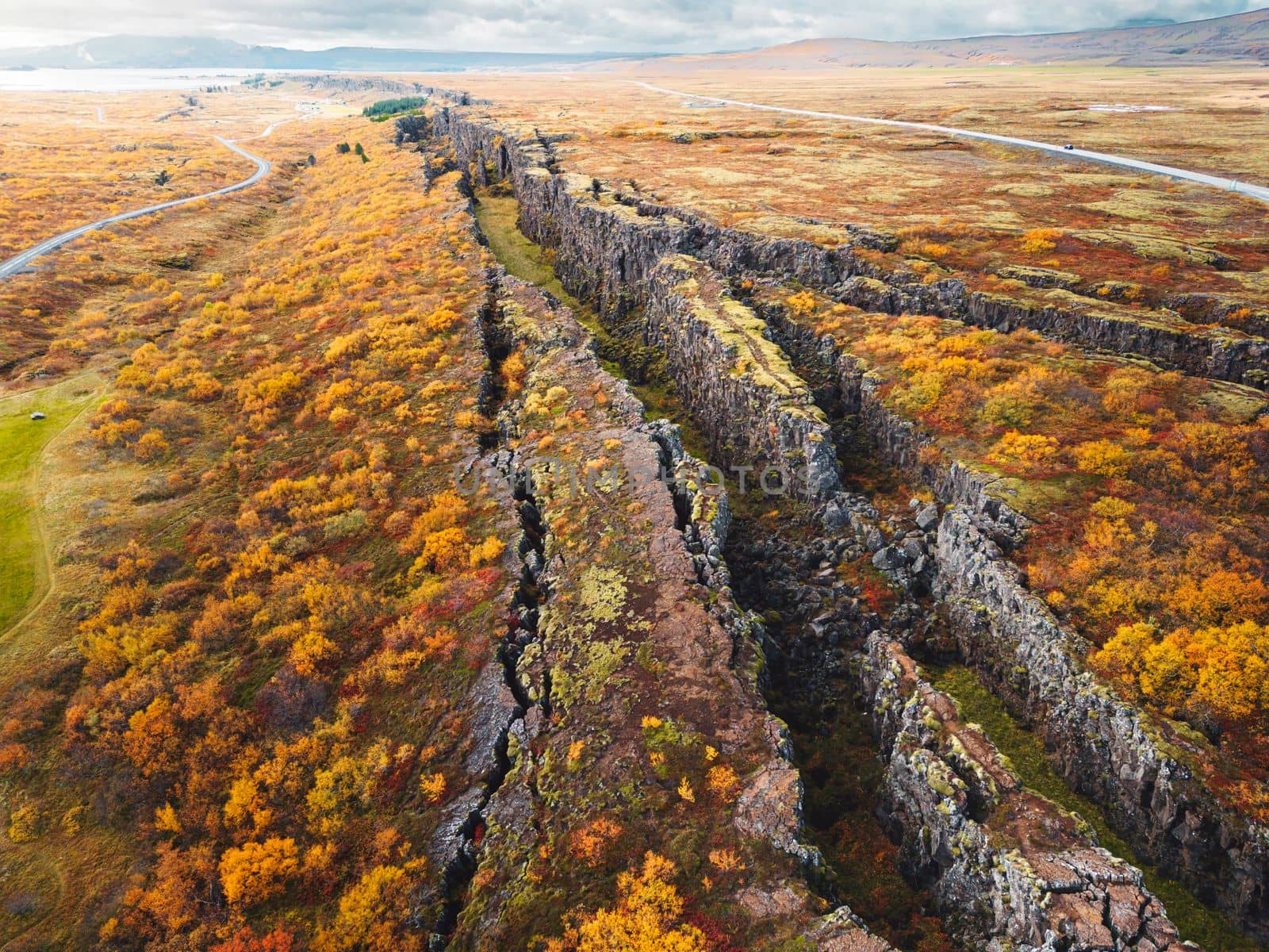 Aerial view of Thingvellir National Park - famous area in Iceland right on the spot where the Atlantic tectonic plates meets. UNESCO World Heritage Site, western Iceland, and site of the Althing. High quality photo