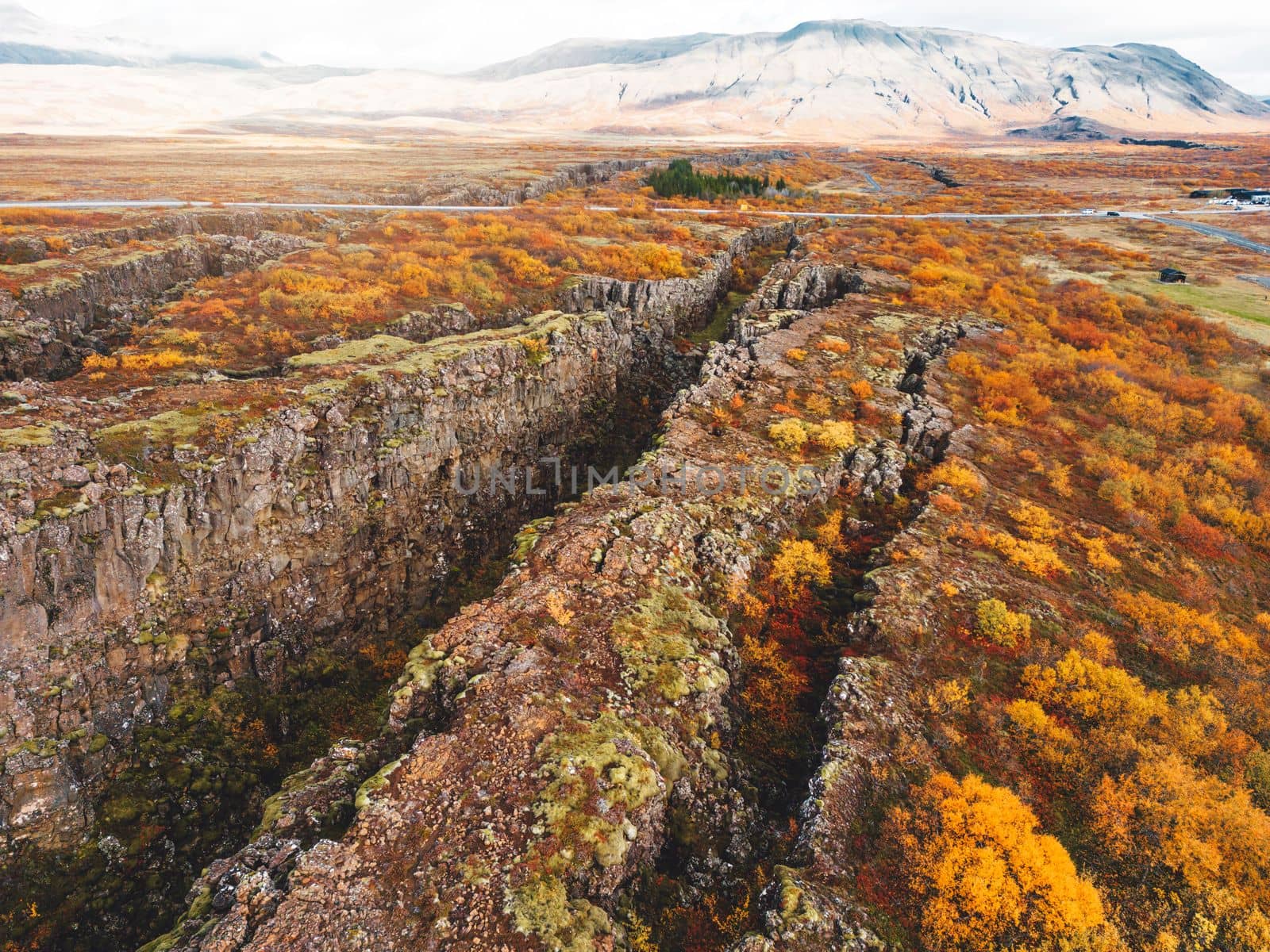 Aerial view of Thingvellir National Park - famous area in Iceland right on the spot where the Atlantic tectonic plates meets. UNESCO World Heritage Site, western Iceland, and site of the Althing. High quality photo