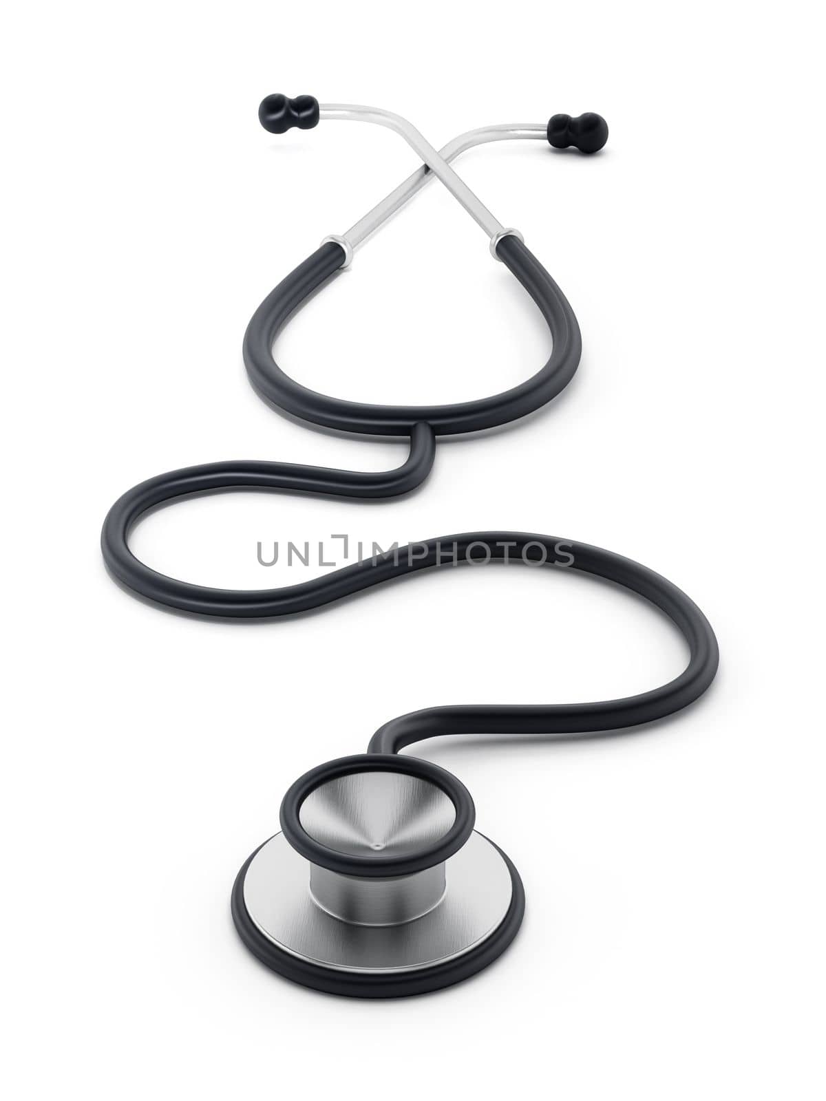Stethoscope standing on white surface. 3D illustration by Simsek