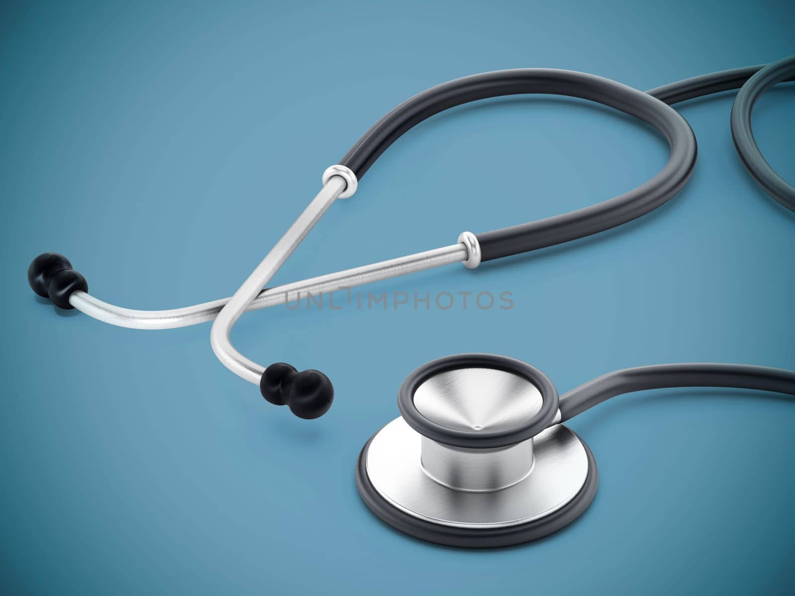 Stethoscope standing on blue surface. 3D illustration by Simsek