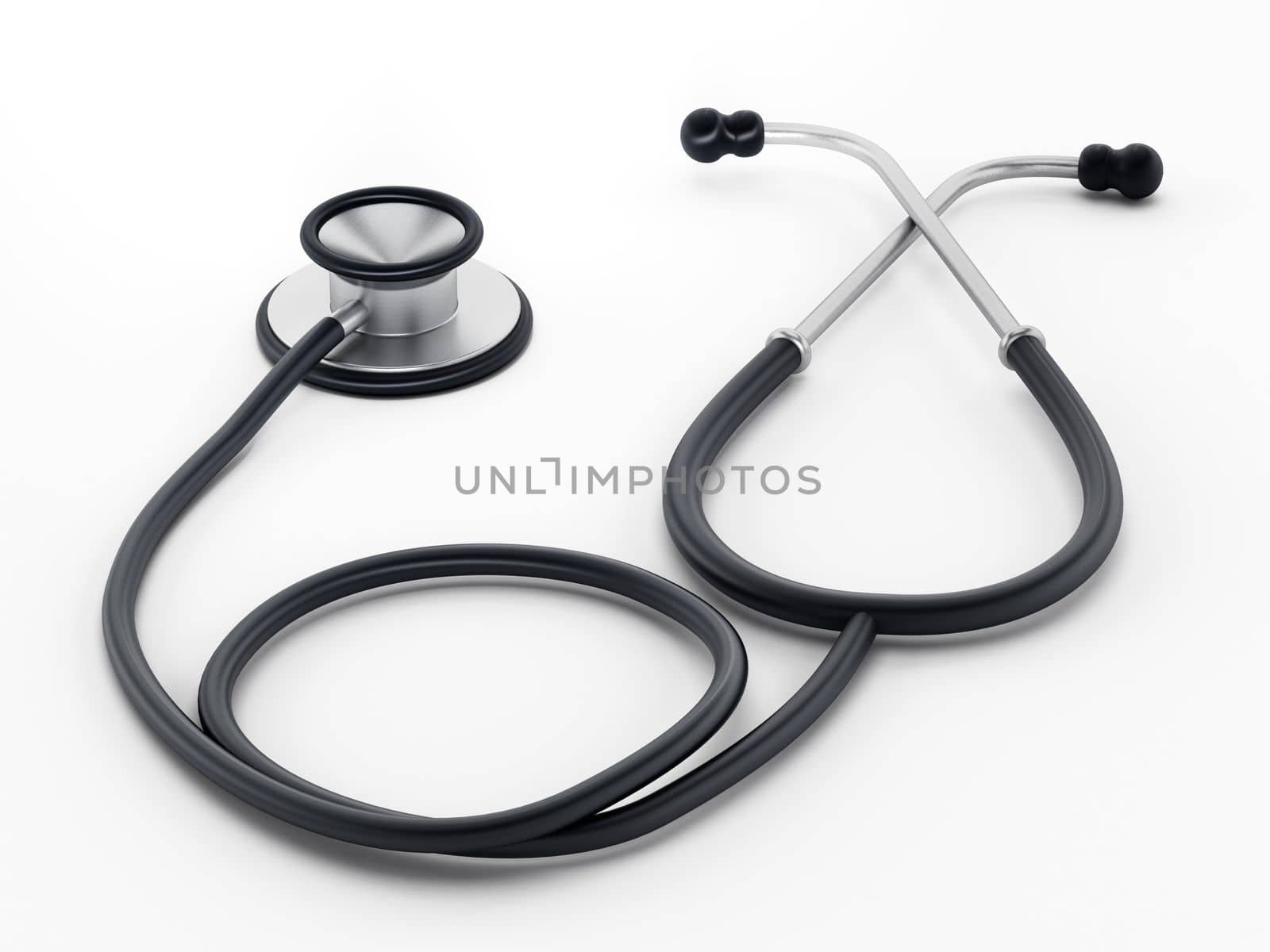 Stethoscope standing on white surface. 3D illustration by Simsek