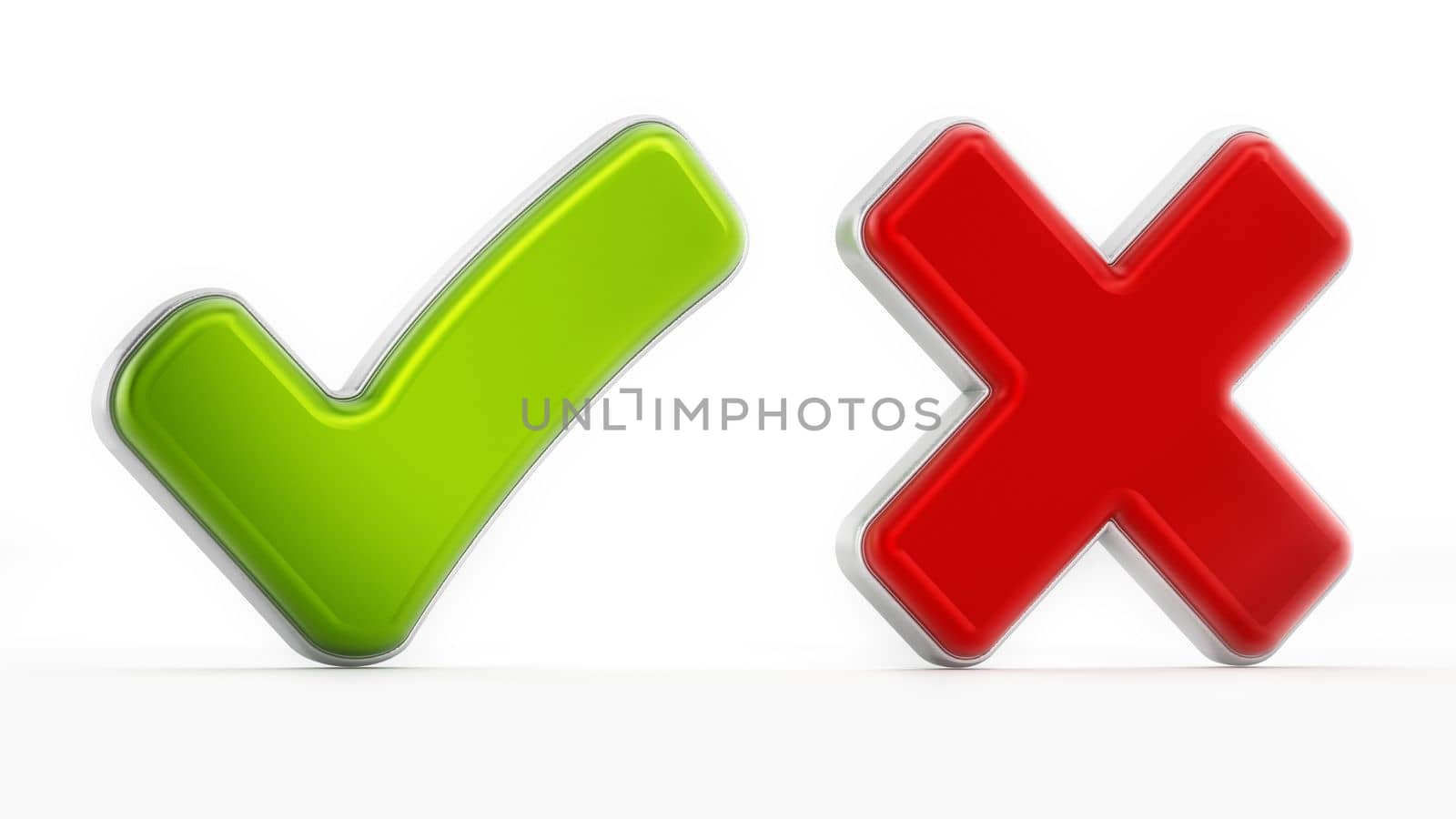 Tick and cross symbols isolated on white background. 3D illustration by Simsek