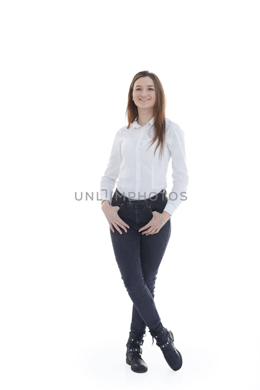 in full growth. attractive girl in jeans and a white blouse . by asdf