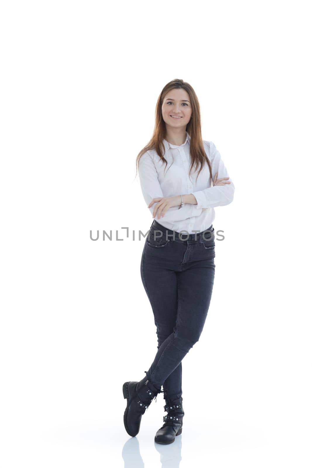 in full growth. attractive girl in jeans and a white blouse . by asdf