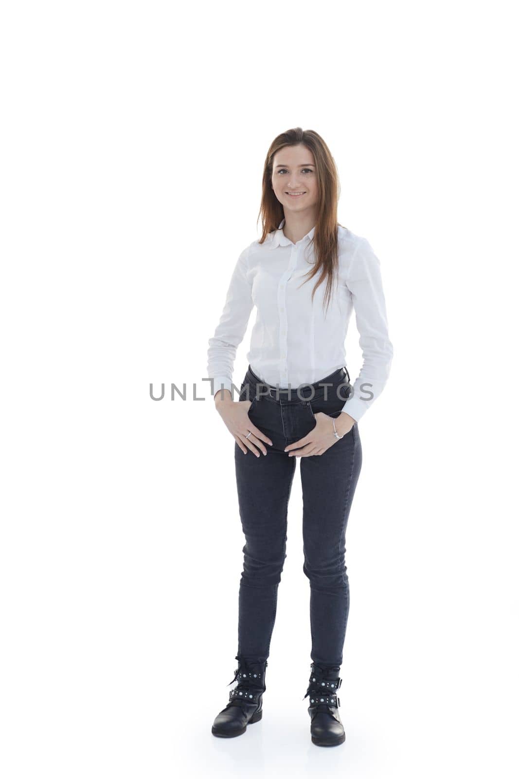 in full growth. attractive girl in jeans and a white blouse . by asdf