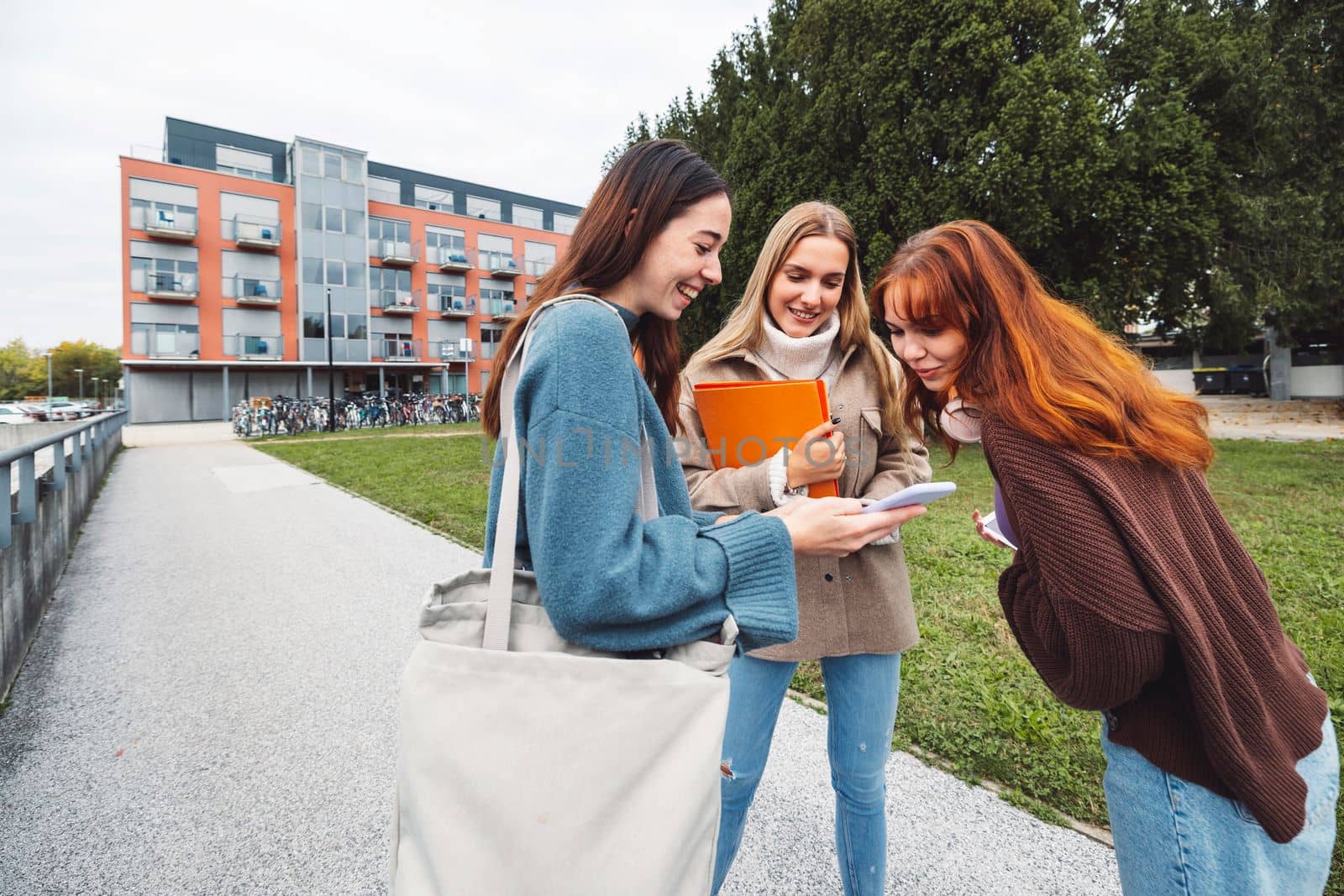 Friends on campus gossiping in between breaks, looking at the phone at something by VisualProductions