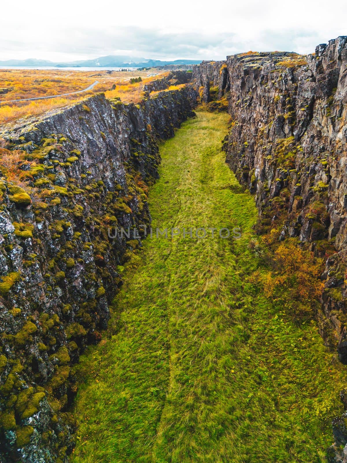 Vertical view of two tectonic plates meeting visible on the surface of Earth - Thingvellir National Park, Iceland by VisualProductions