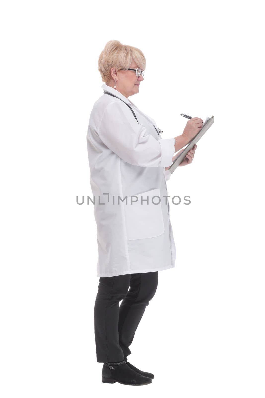 in full growth. competent doctor with a clipboard. by asdf