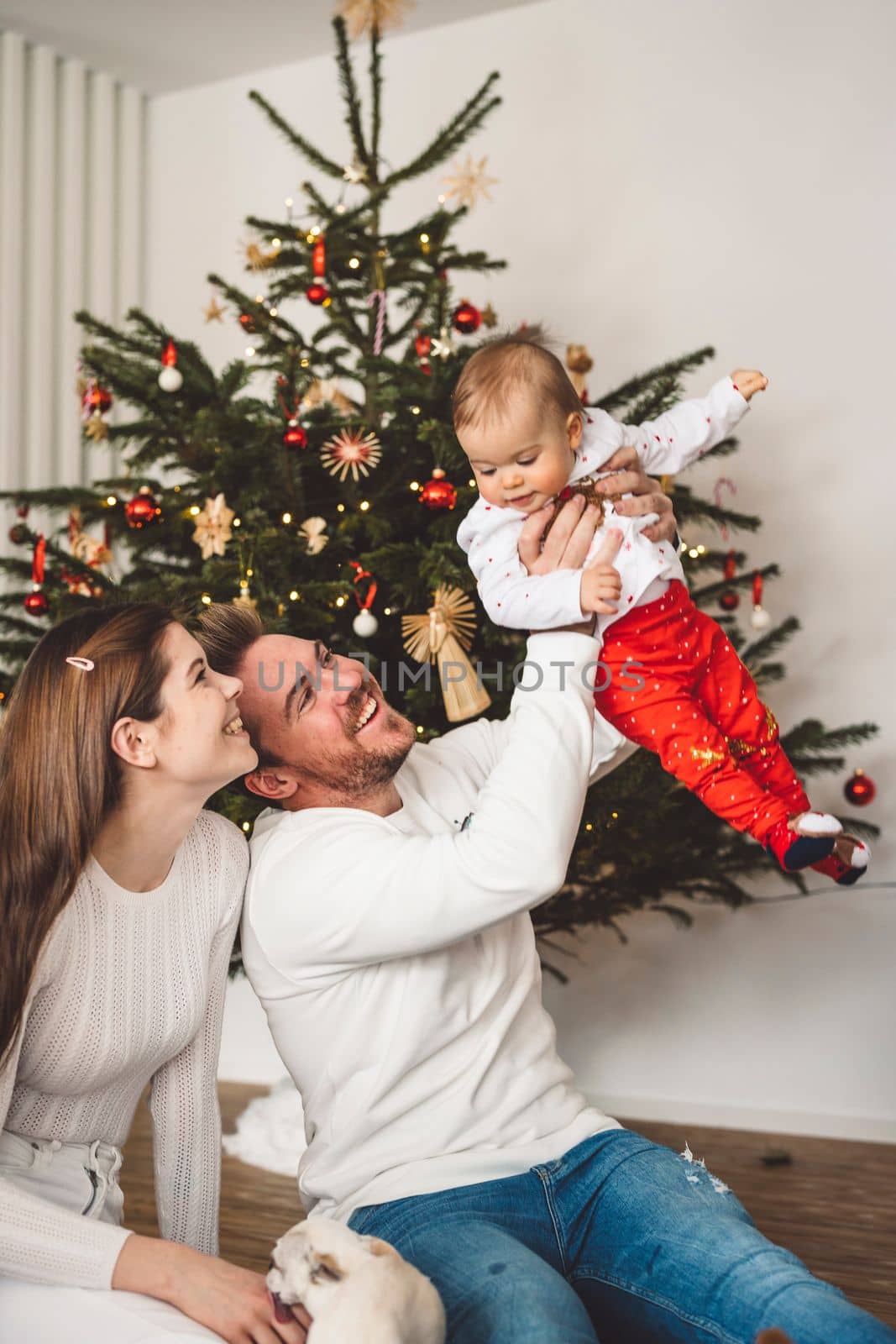 Young family of three having fun on Christmas day, dad holding baby daughter in the air by VisualProductions