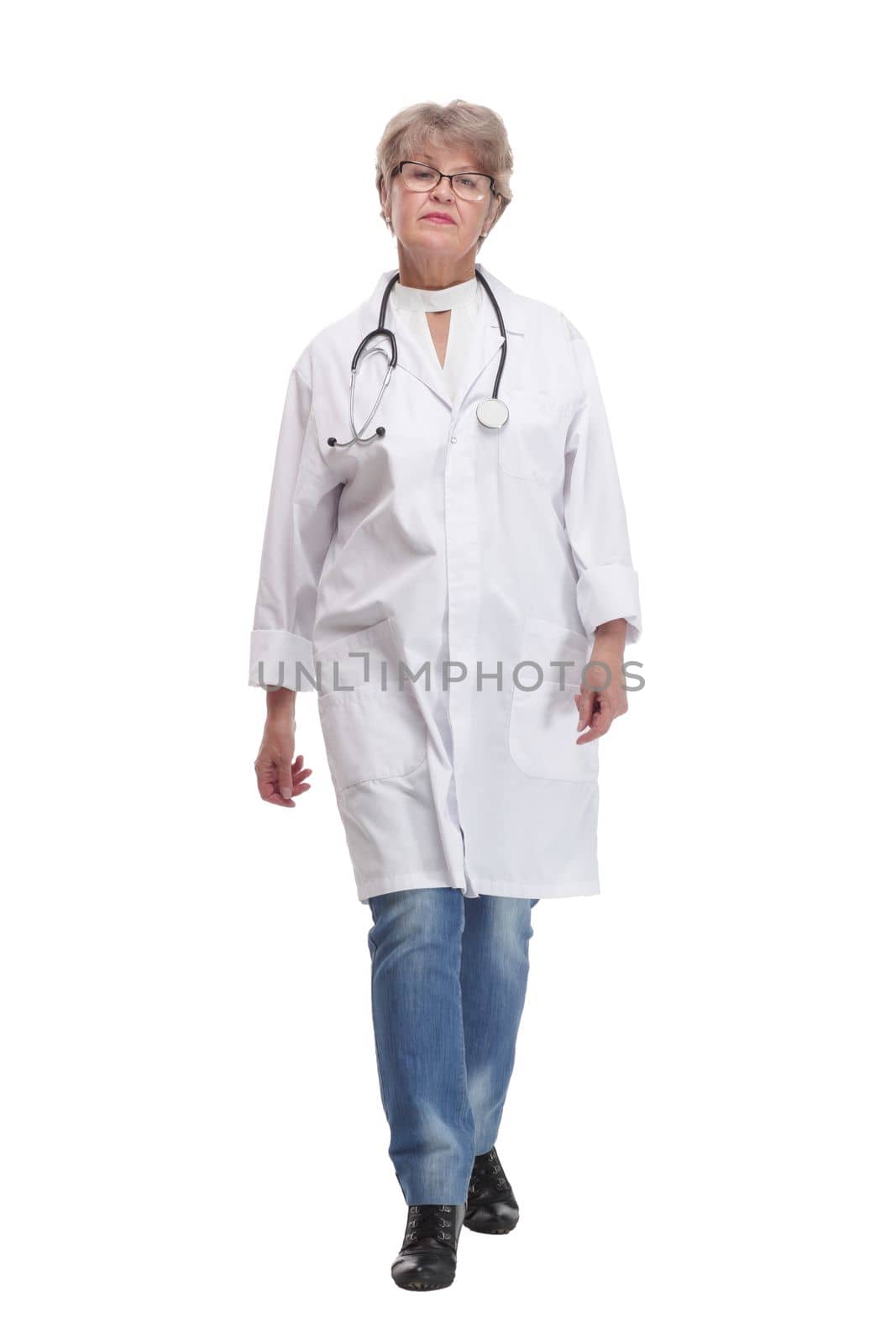 Portrait of middle age female doctor is wearing a white doctor's coat with a stethoscope around her neck. by asdf