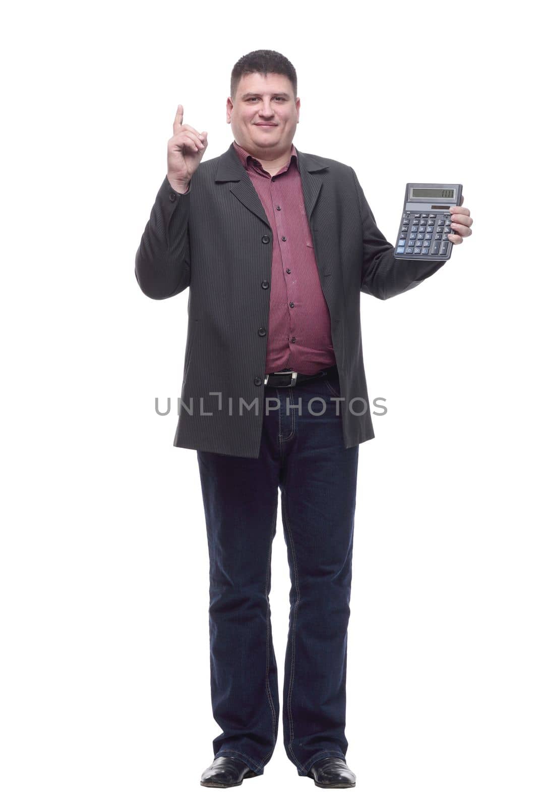 Mature business man with a calculator. isolated on a white background.