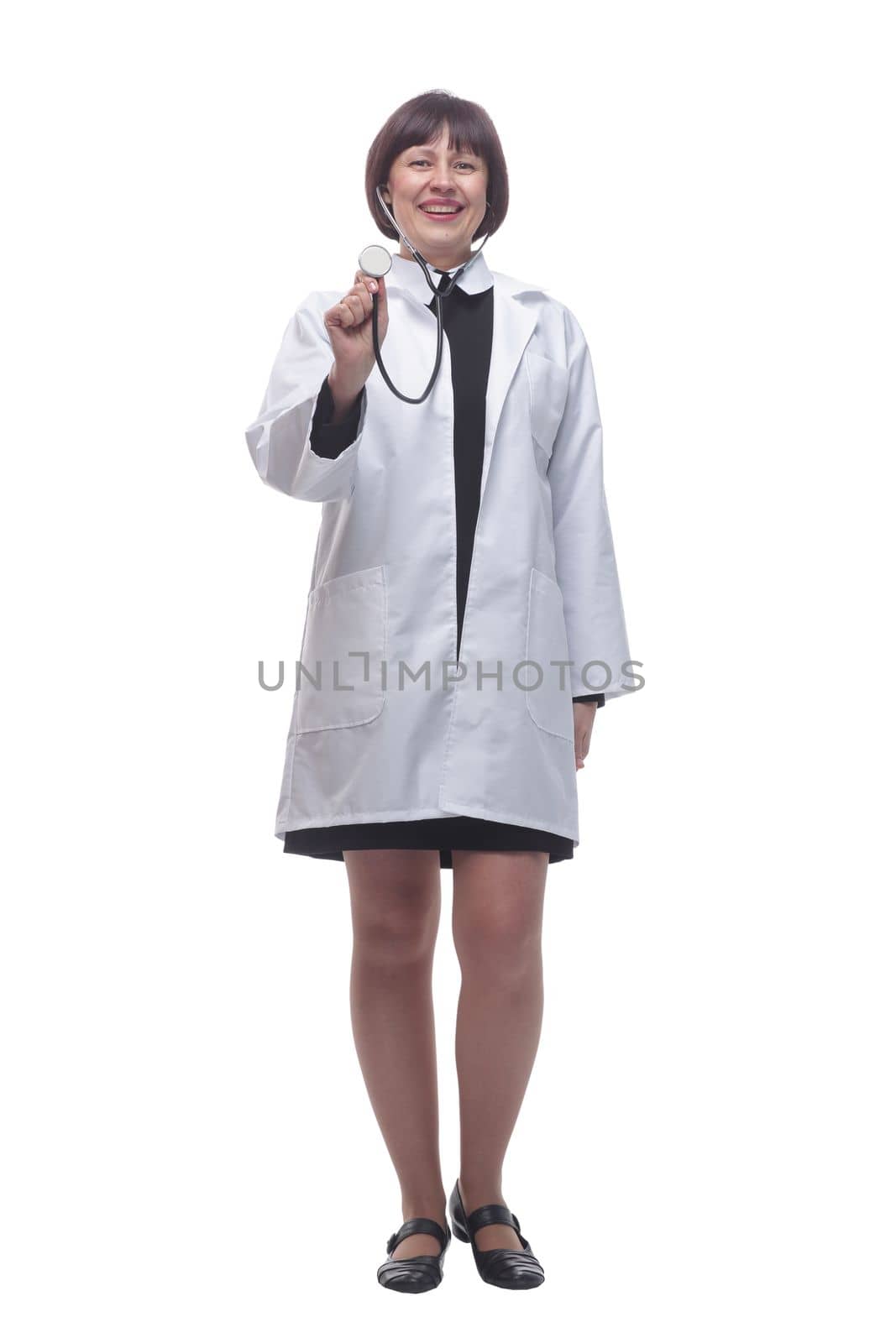 friendly female doctor with a stethoscope in her hands by asdf