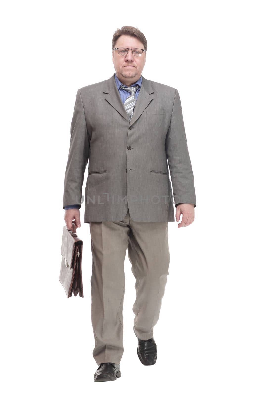 full-length. business man with a leather briefcase. isolated on a white background.