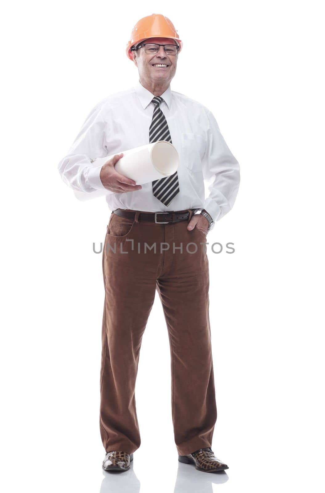 in full growth. smiling architect with drawings in a protective helmet. isolated on a white
