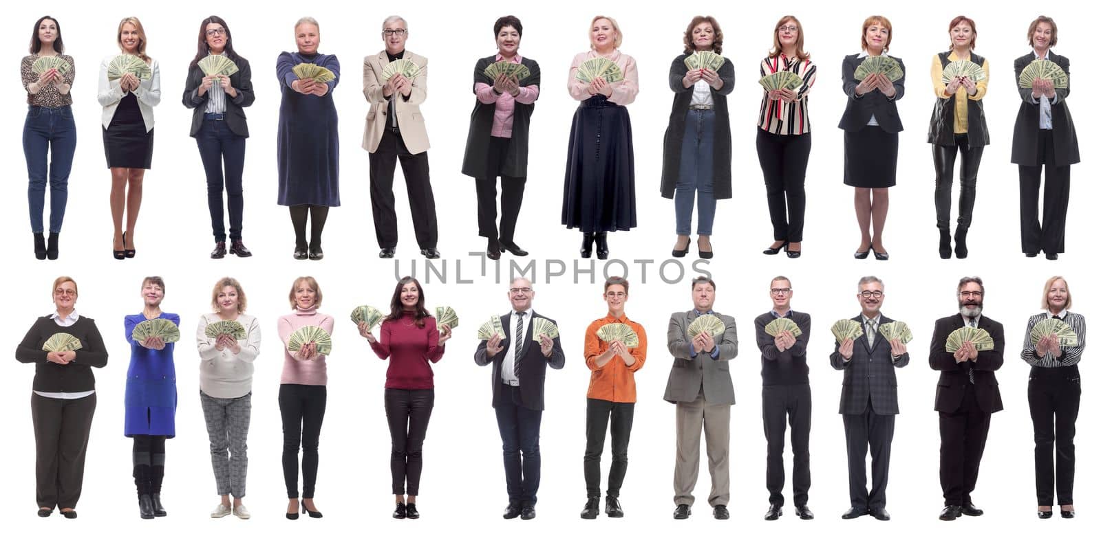 group of successful people with money in their hands looking at the camera on a white background