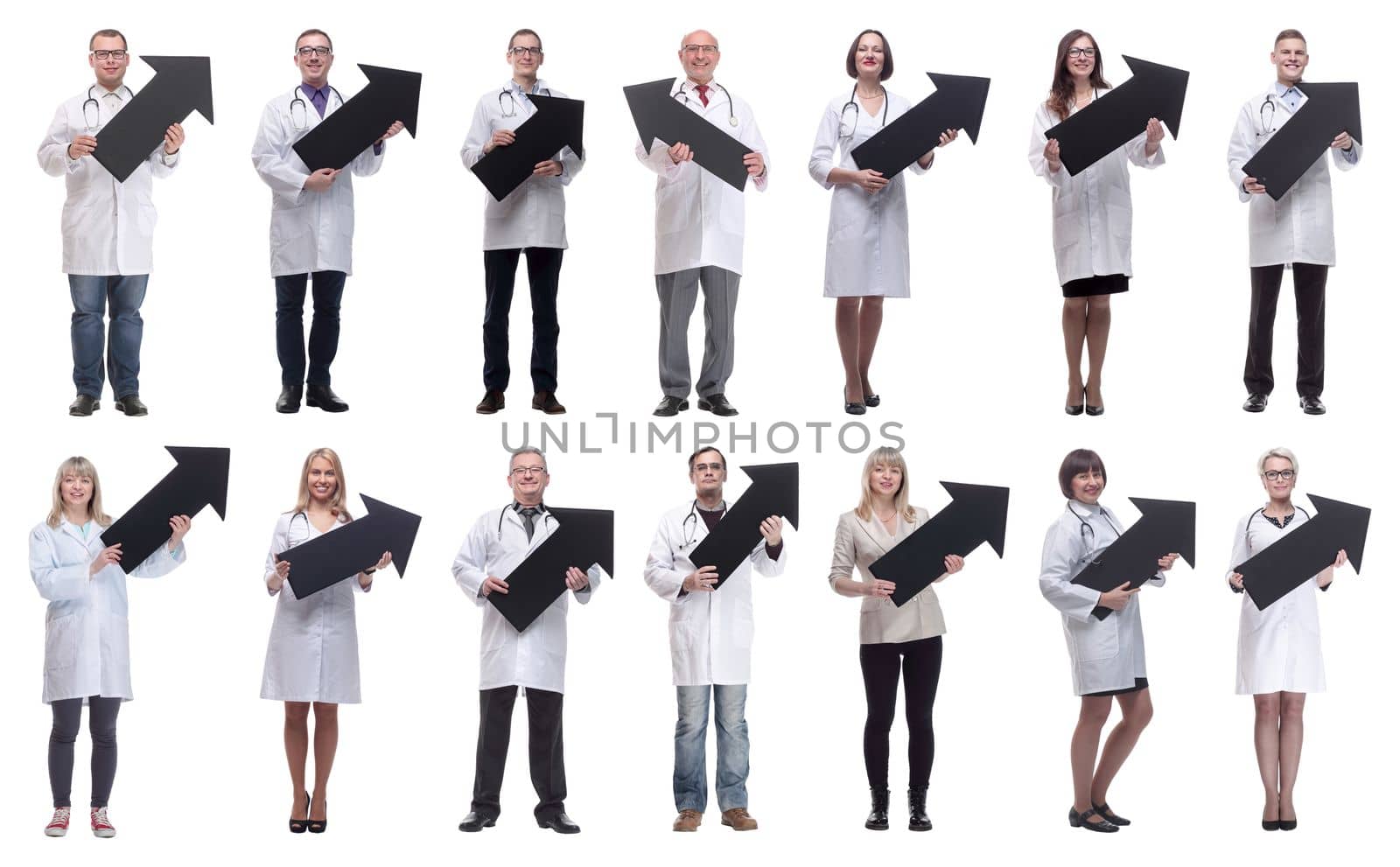 group of successful business people with black arrow isolated on white background