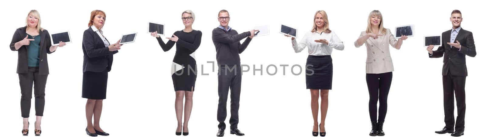 group of people demonstrating tablet isolated on white background