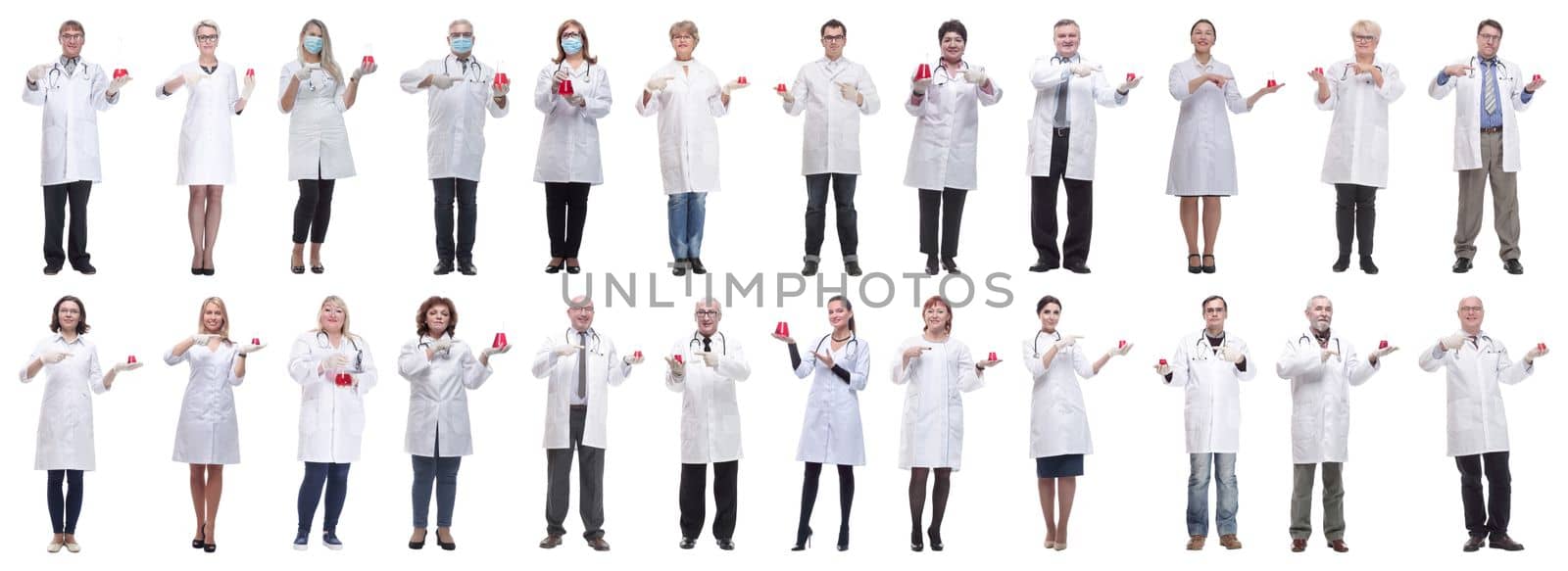 laboratory assistant holding a flask with liquid isolated on white background