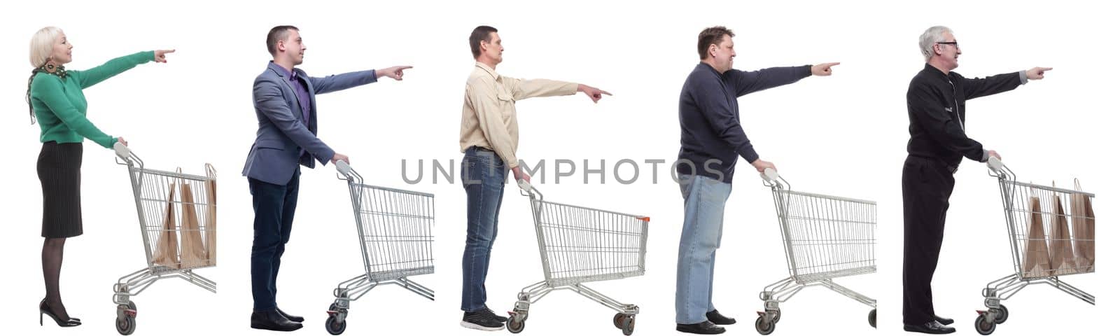 a group of people with a shopping cart point their fingers in front of them on a white background