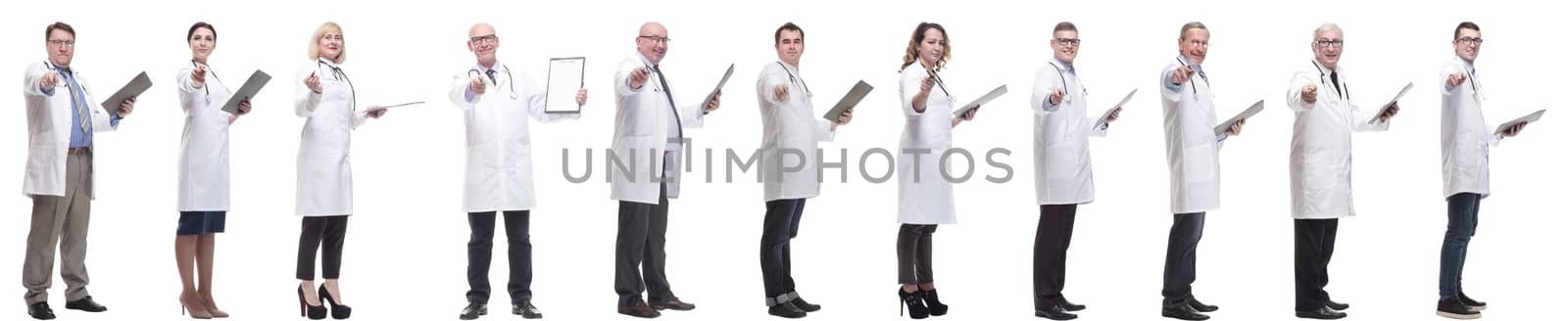 full length group of doctors with notepad isolated on white background