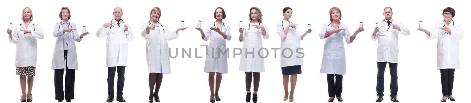 group of doctors holding jar isolated on white background