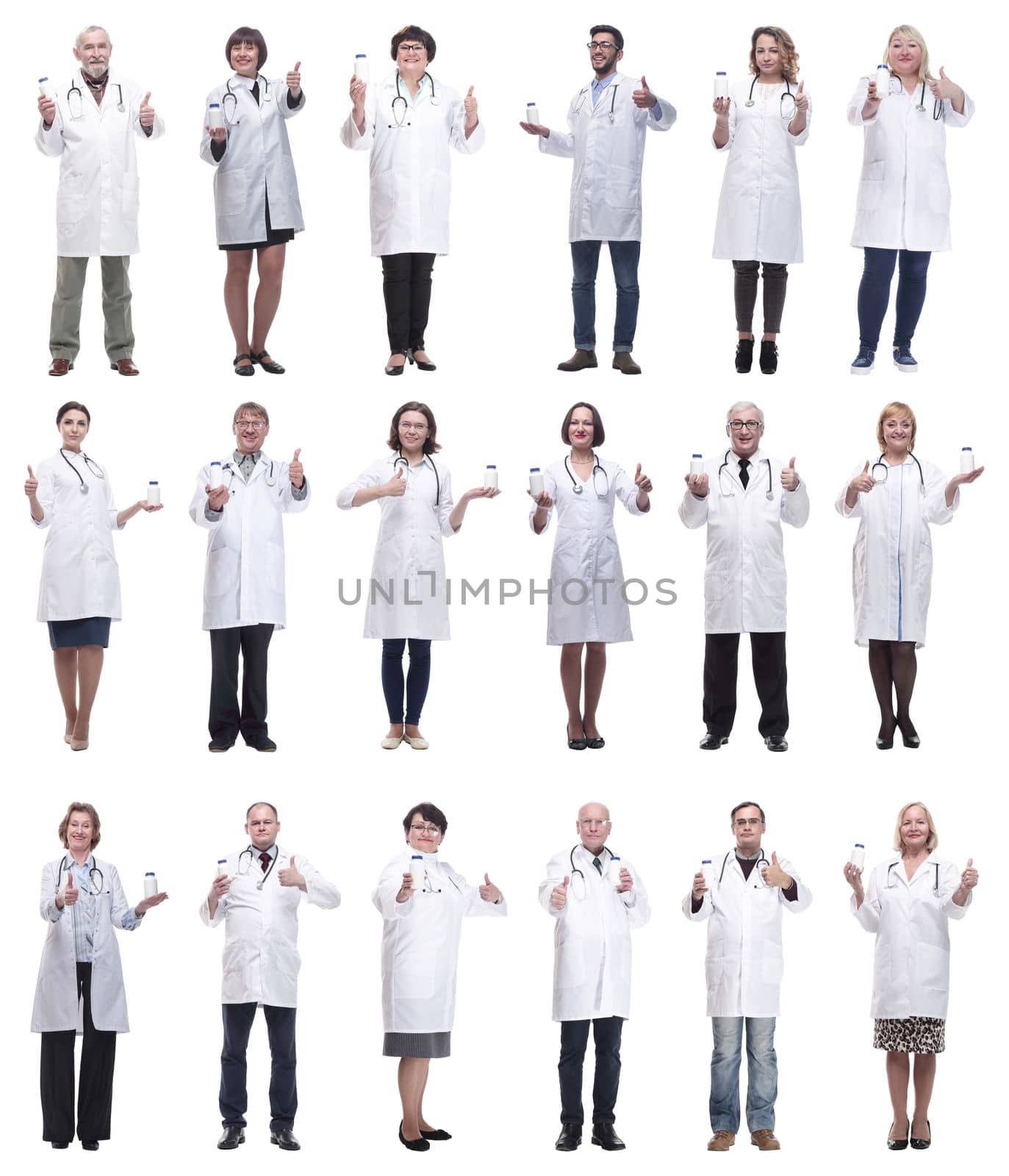 group of doctors holding jar isolated on white background