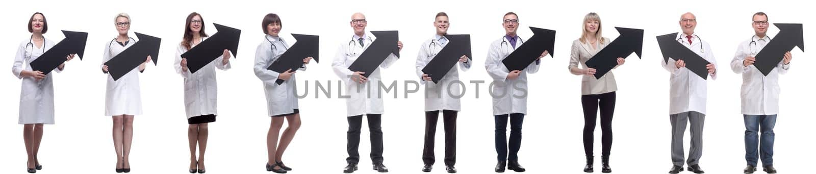 group of successful business people with black arrow isolated on white background