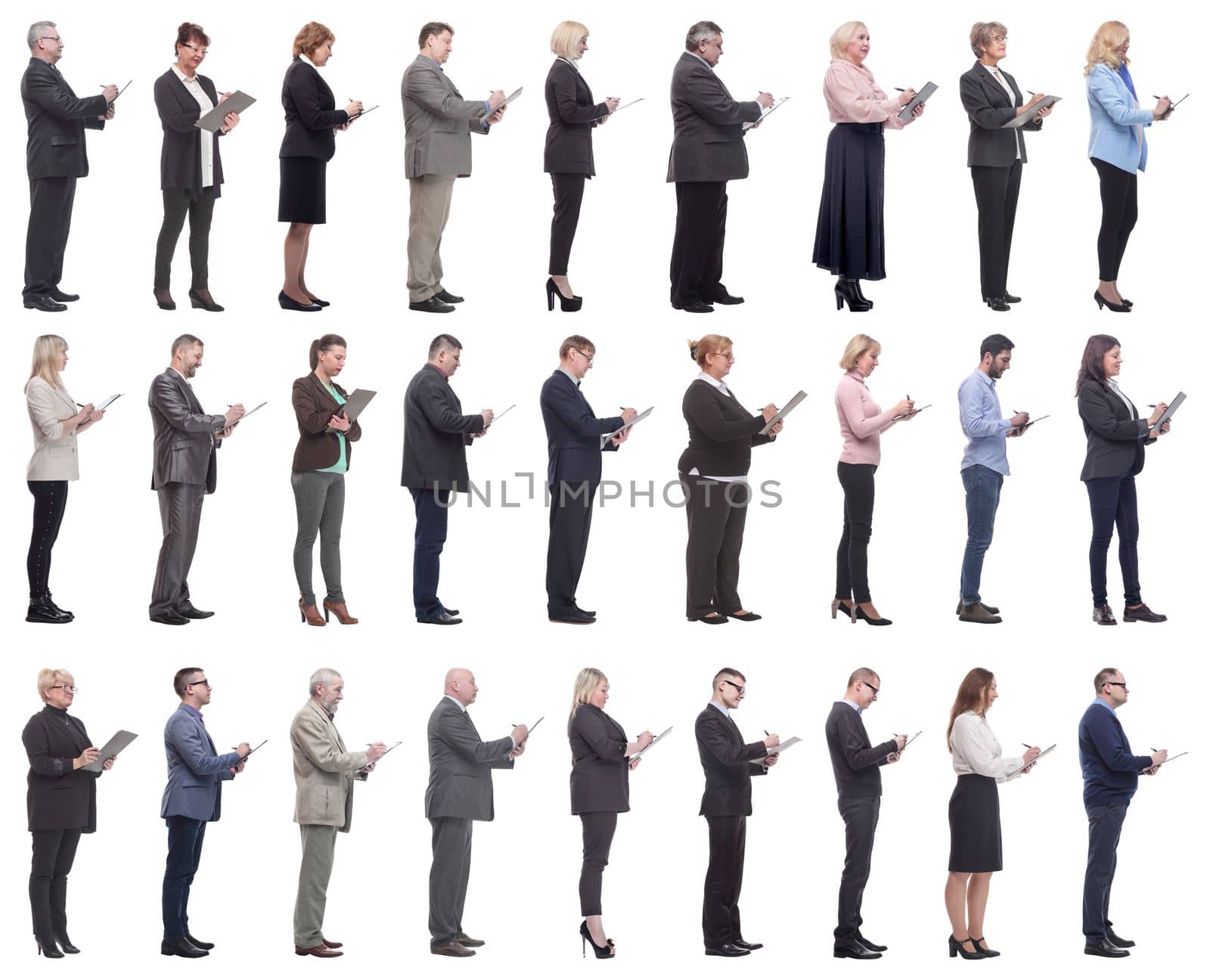 group of successful people with notepad in hands isolated on white background