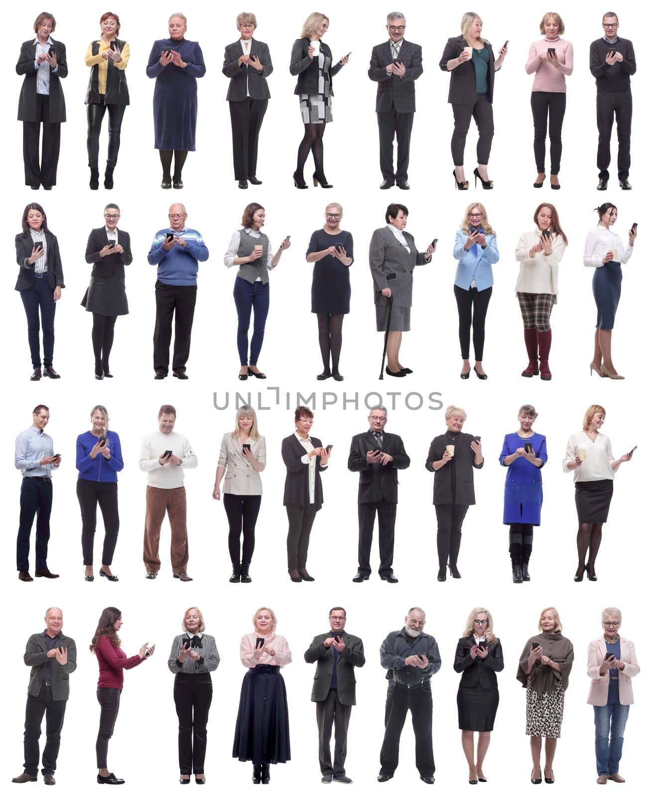 a group of people hold a phone in their hand and look into the phone isolated on a white background