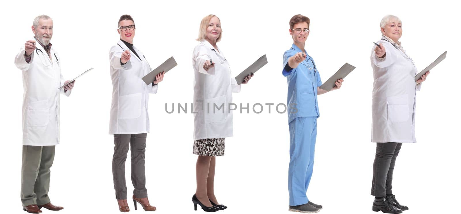 full length group of doctors with notepad isolated on white background