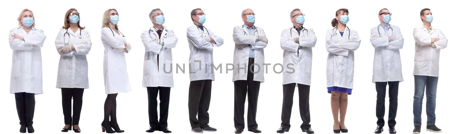group of doctors in mask isolated on white background