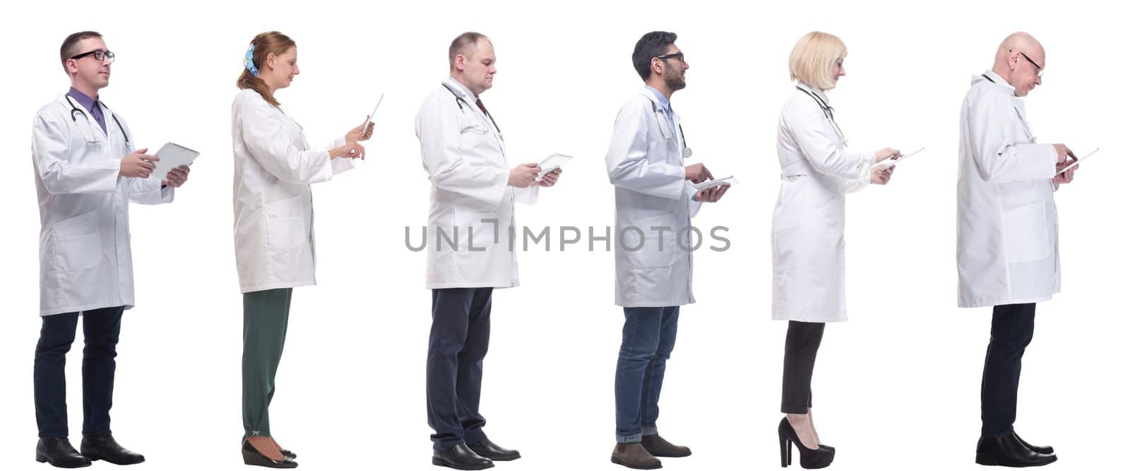 group of doctors with clipboard isolated on white by asdf