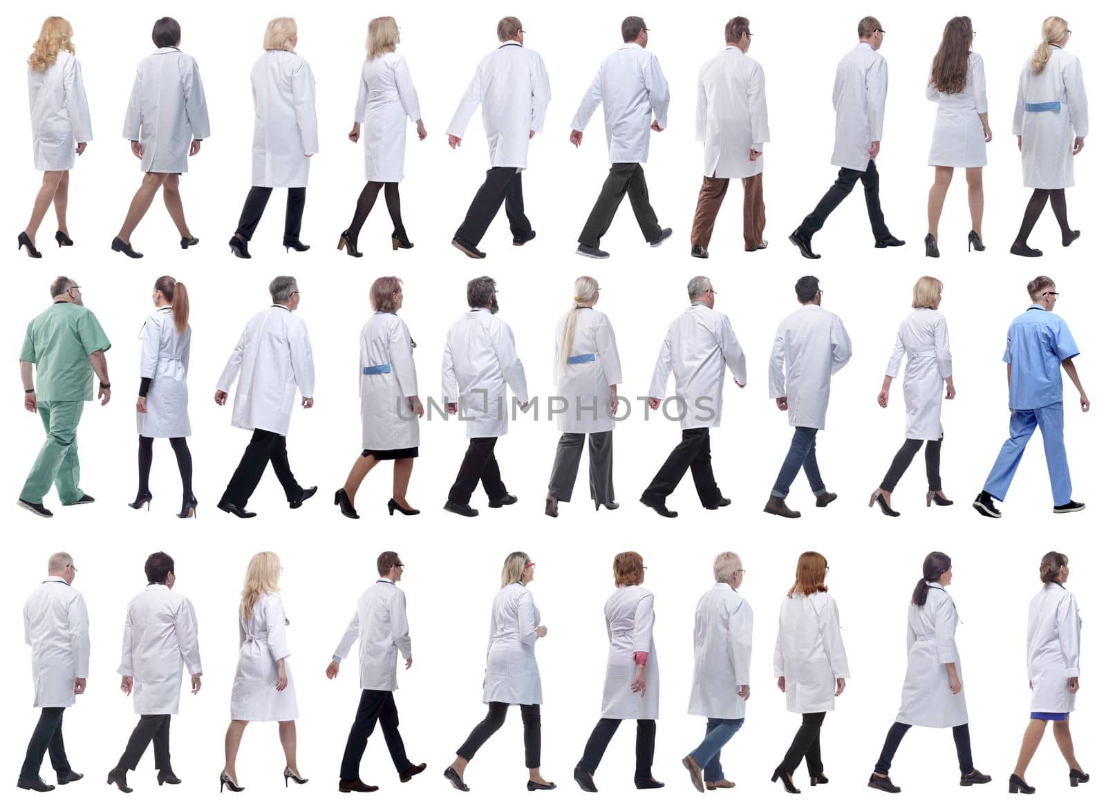 group of doctors in motion isolated on white background