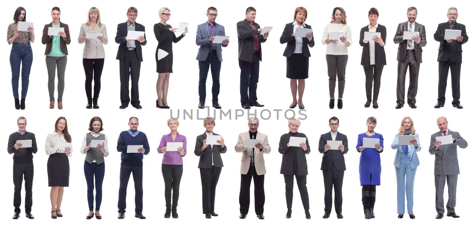 group of people holding tablet and looking into it isolated on white background