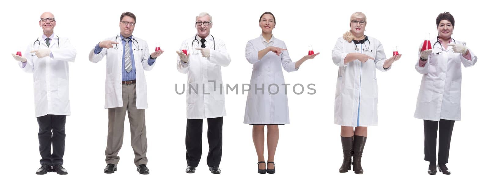 laboratory assistant holding a flask with liquid isolated by asdf