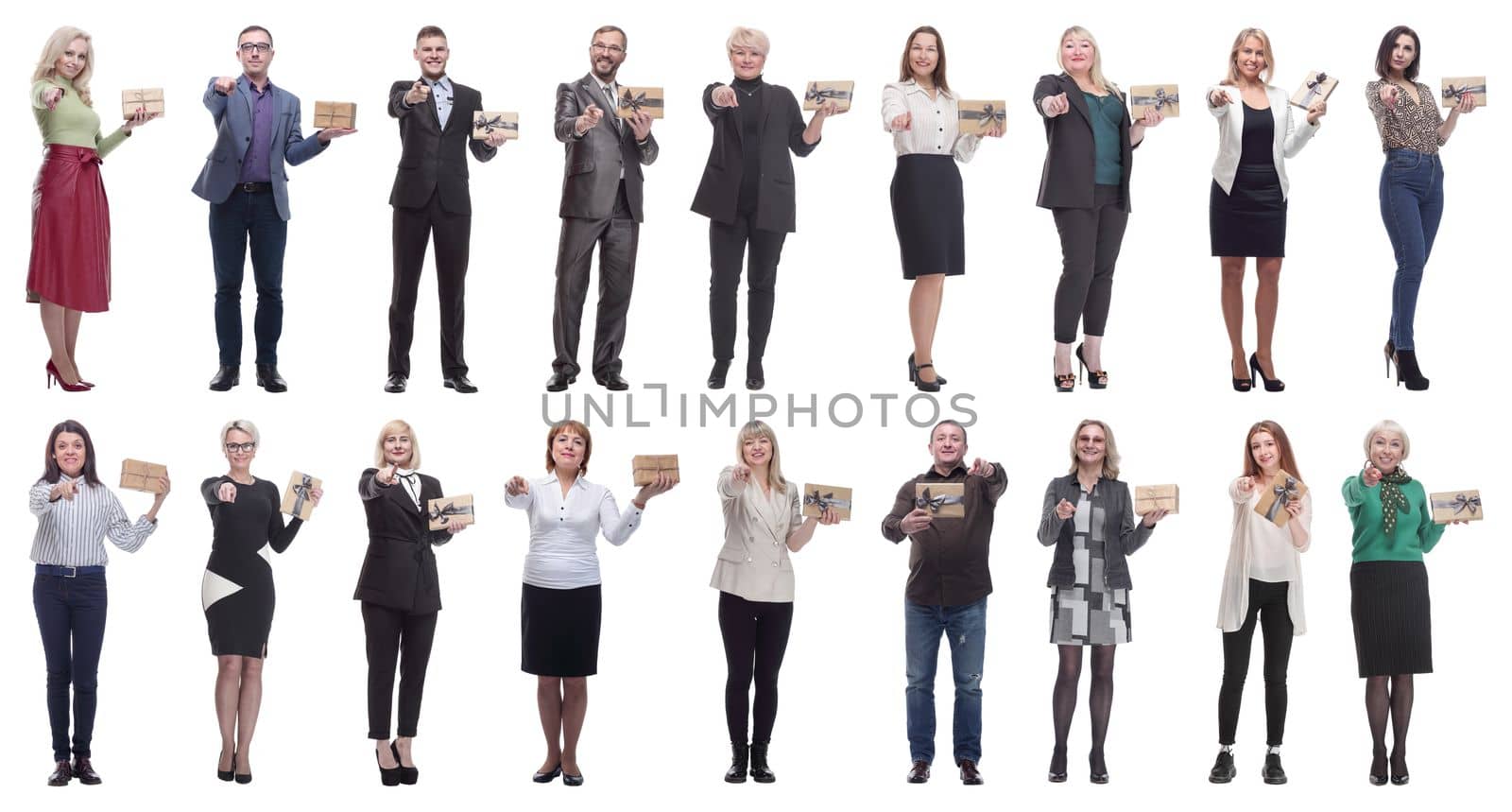 group of happy people with gifts in their hands isolated on white background