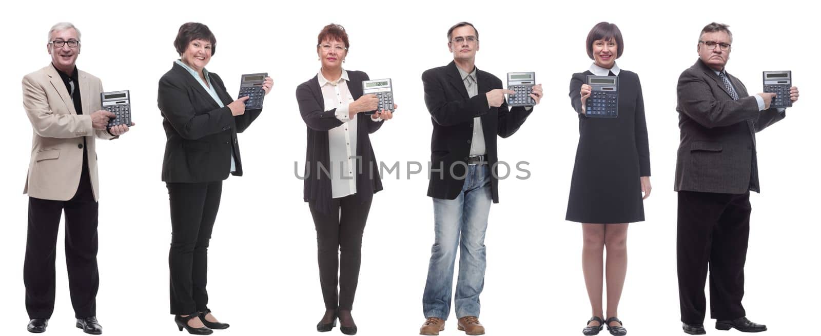 collage of people demonstrate calculator in hand isolated on white background