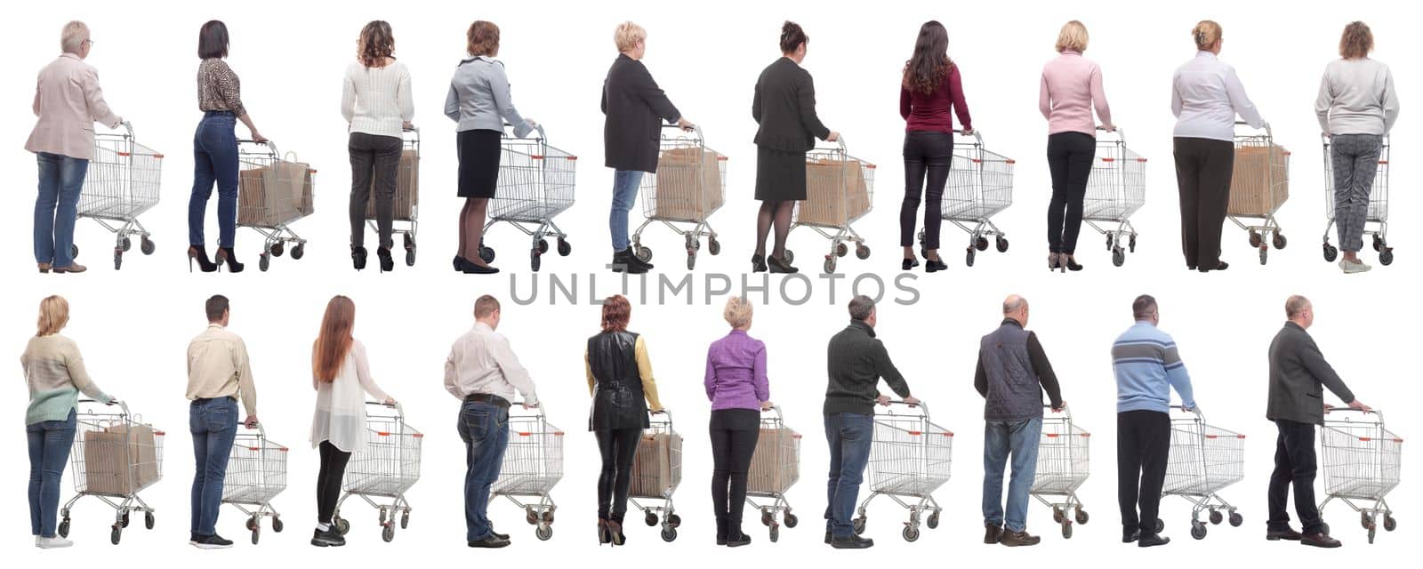 a group of people with a cart stand with their backs isolated by asdf
