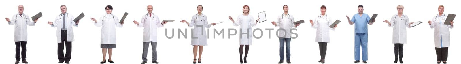 full length group of doctors with notepad isolated on white background
