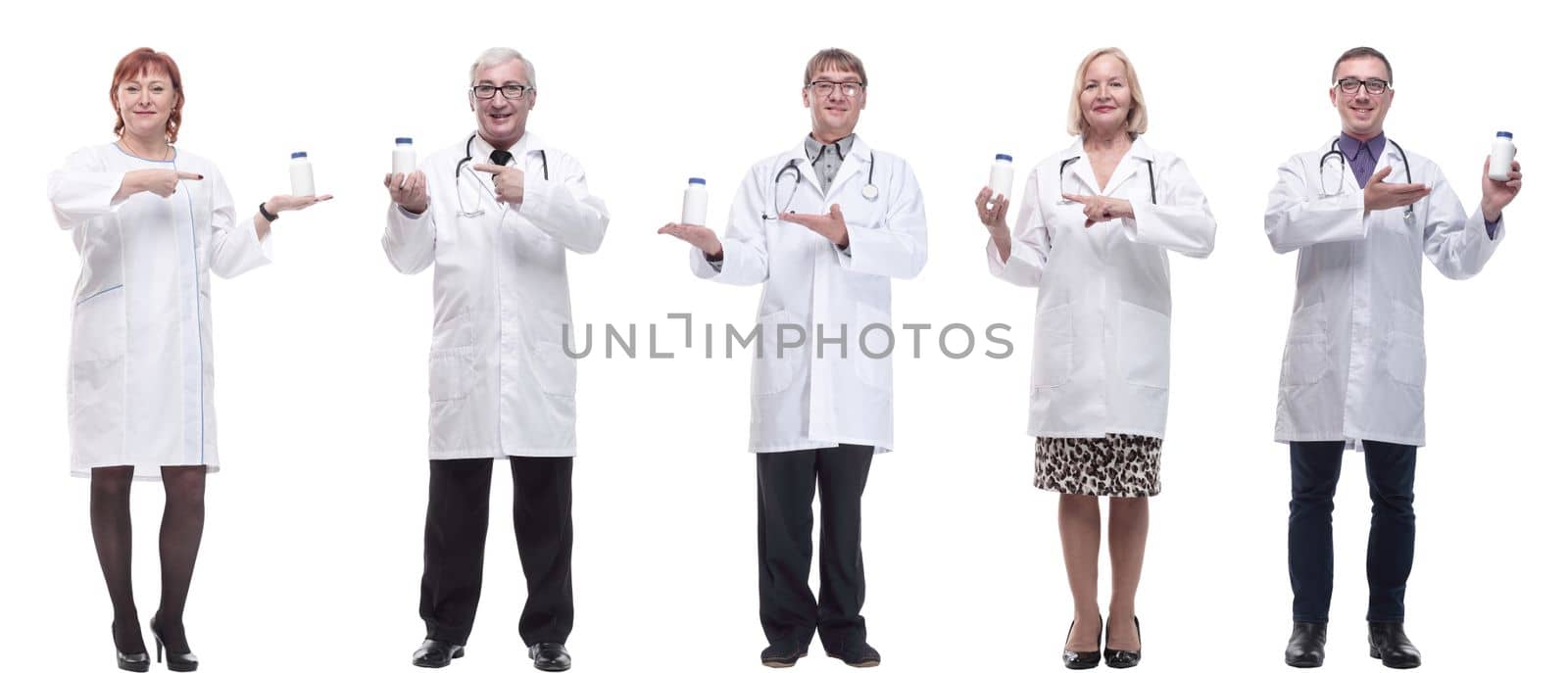 group of doctors holding jar isolated on white background