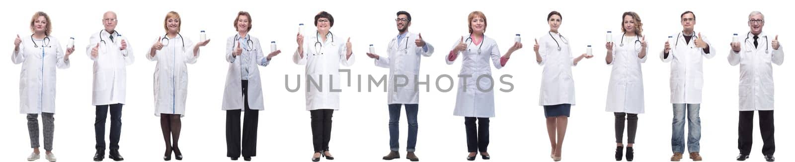 group of doctors holding jar isolated on white background