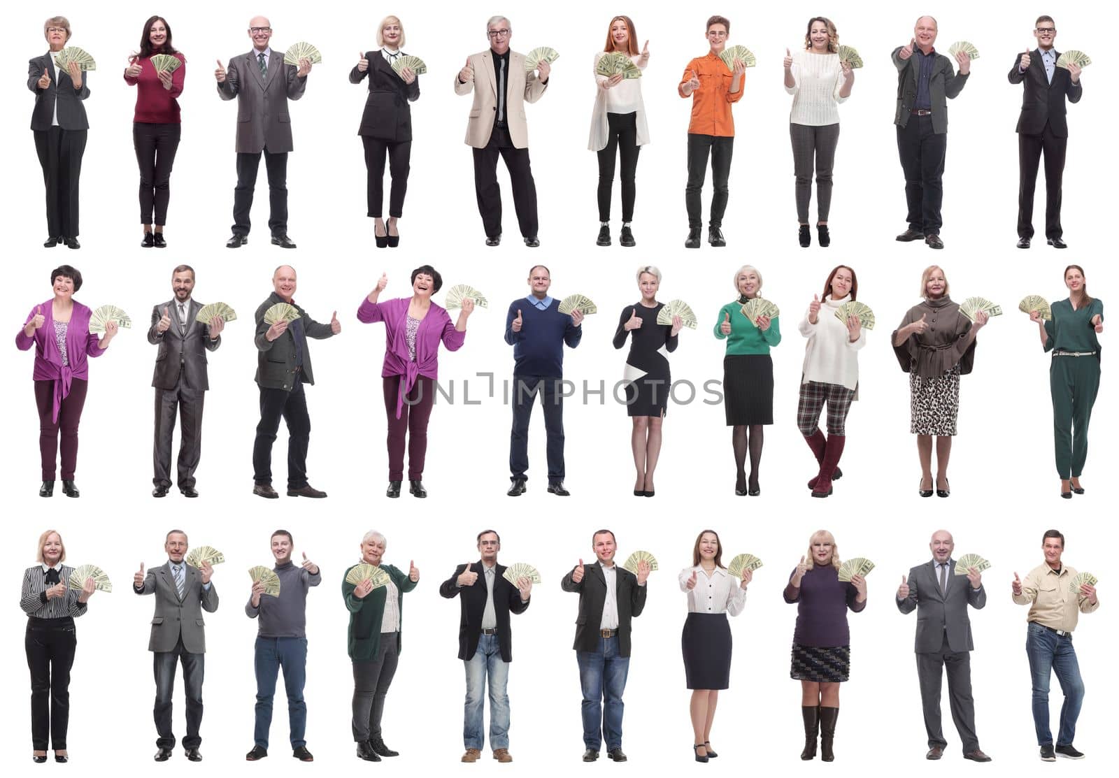 group of successful people with money in their hands on a white background
